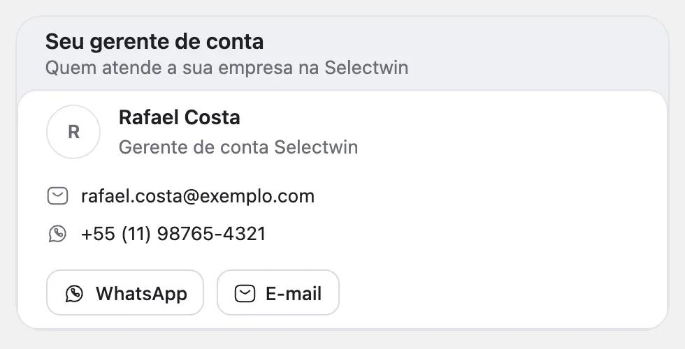 O card Seu gerente de conta em Configurações → Empresa, com nome, e-mail, WhatsApp e os botões WhatsApp e E-mail