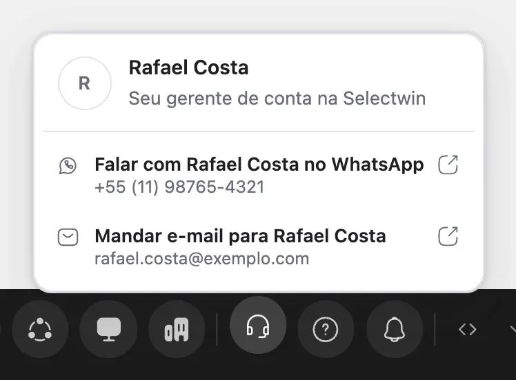 O painel do gerente de conta, aberto pelo ícone de headset da barra de baixo, com Falar com Rafael Costa no WhatsApp e Mandar e-mail para Rafael Costa