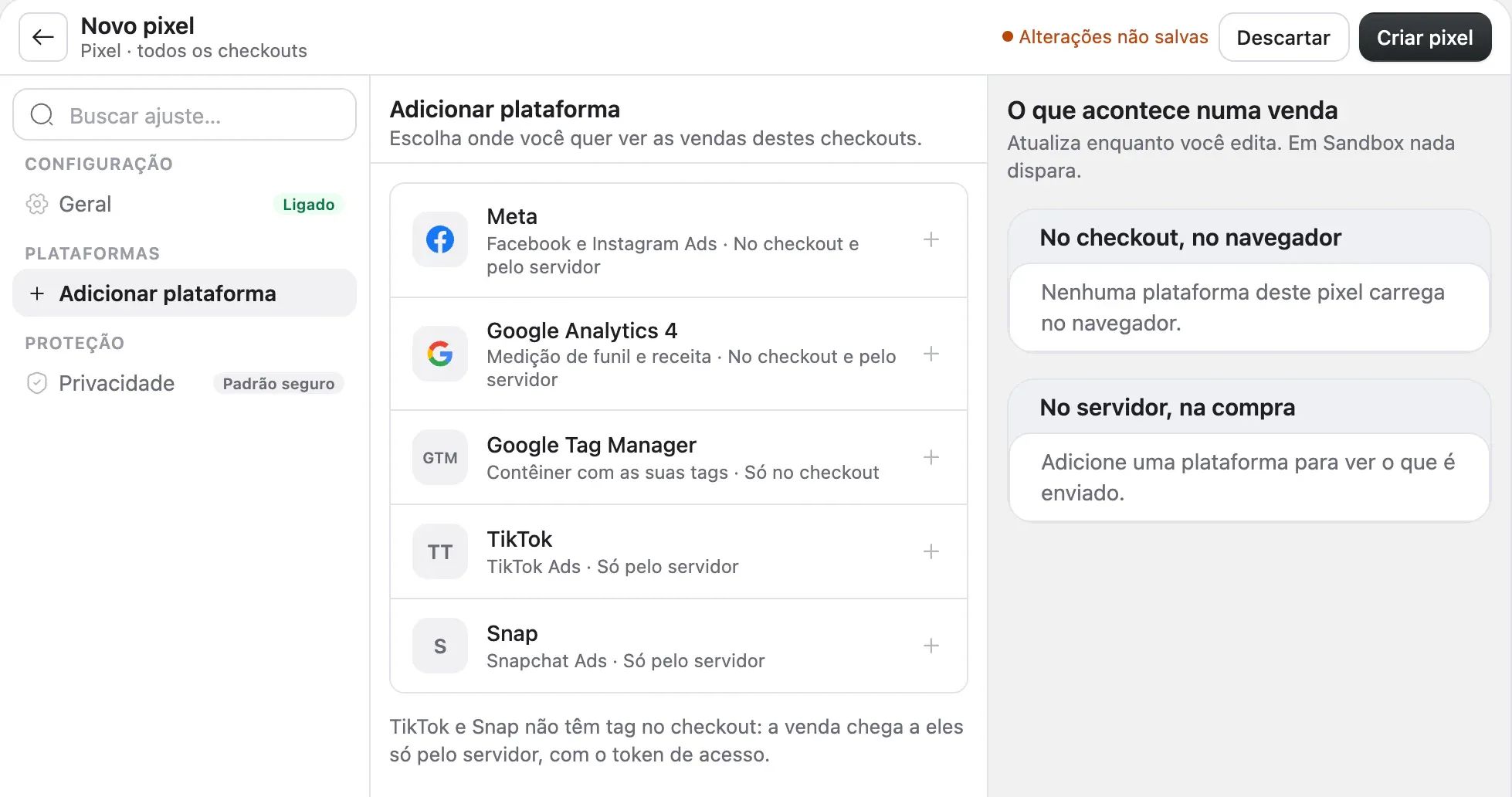 O editor Novo pixel na etapa Adicionar plataforma, com Meta, Google Analytics 4, Google Tag Manager, TikTok e Snap