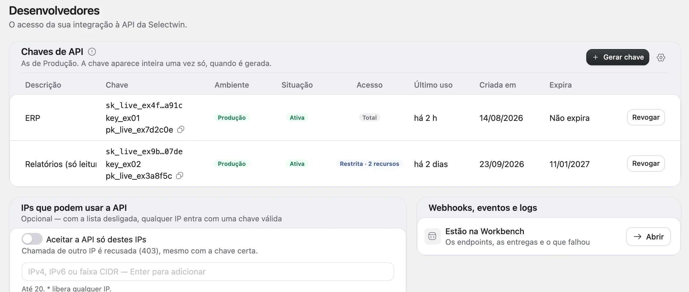 A página Desenvolvedores, com o botão Gerar chave e a tabela Chaves de API com a chave secreta, a publicável e o botão Revogar