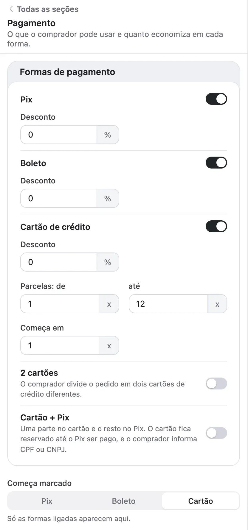 A seção Pagamento do checkout, com Pix, Boleto e Cartão de crédito, o desconto de cada um, as parcelas, as chaves 2 cartões e Cartão + Pix e o Começa marcado