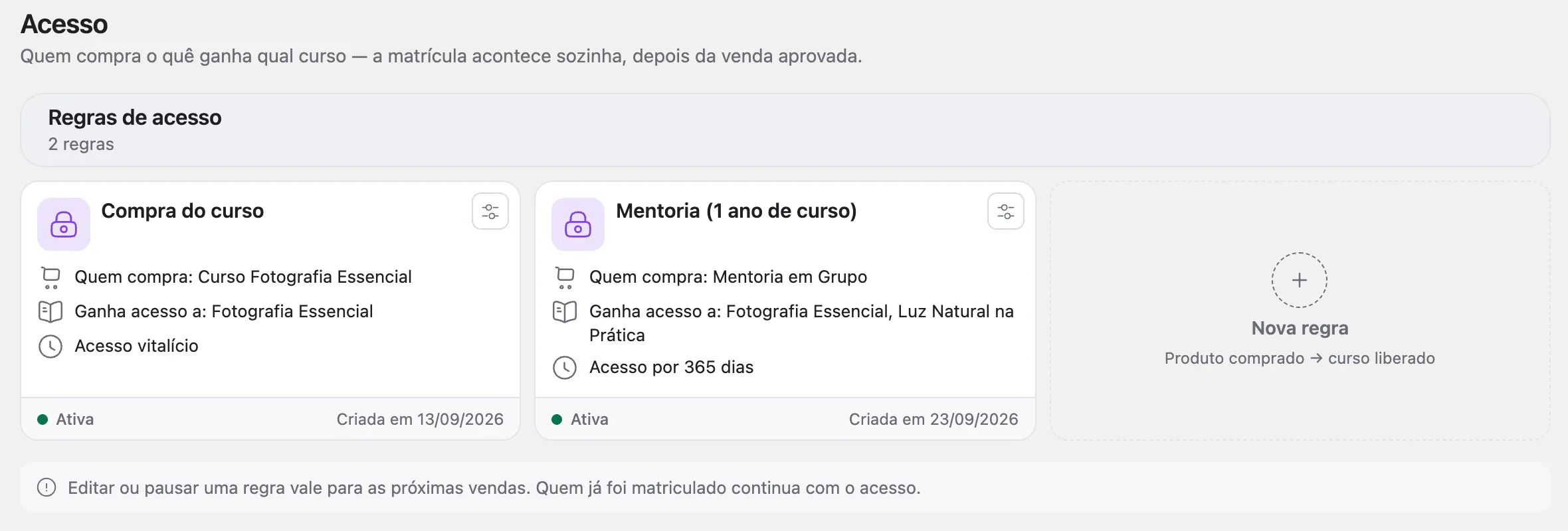A página Acesso do Selectwin Club, com os cards das regras e o card Nova regra