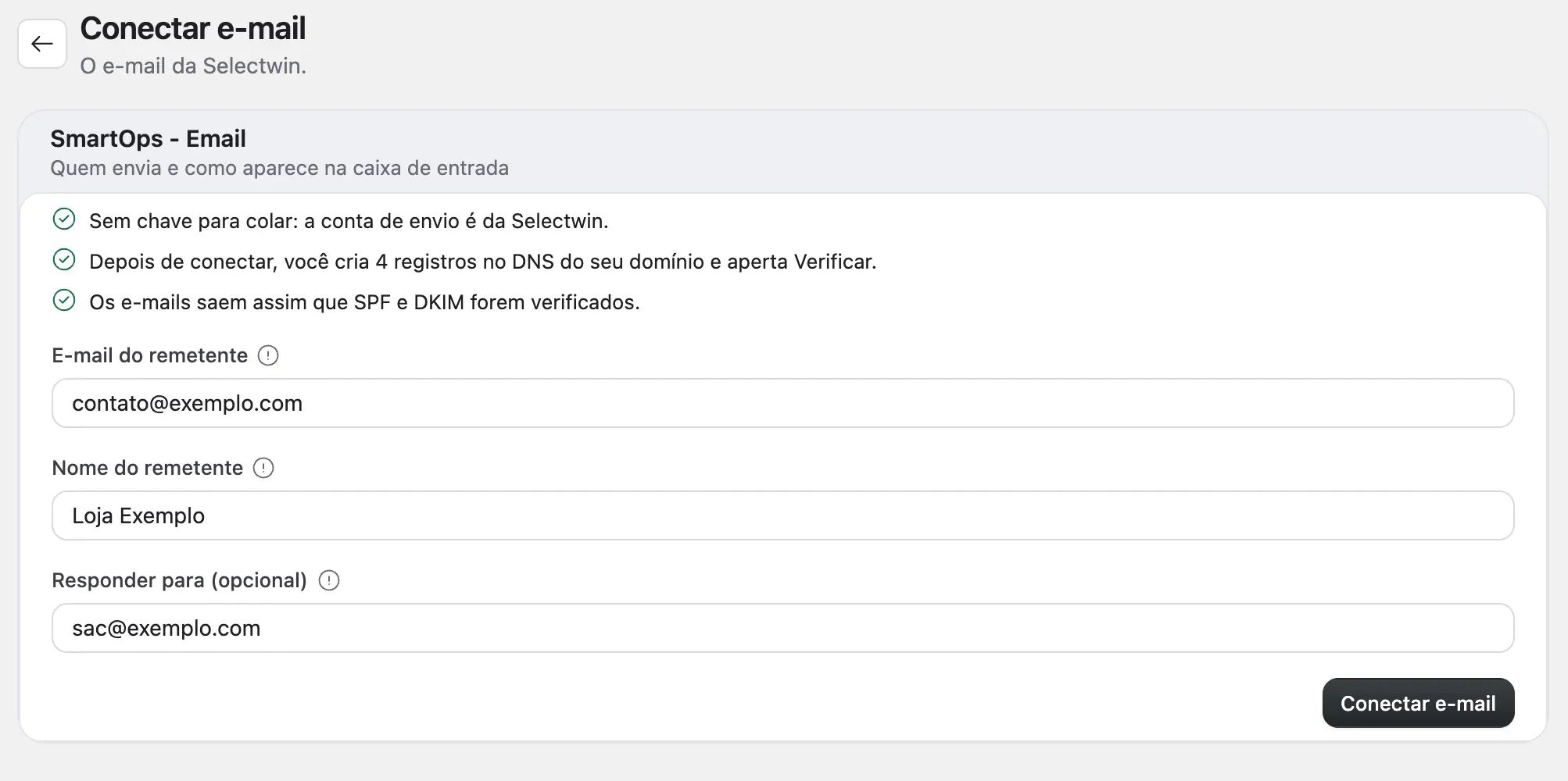 A tela Conectar e-mail, com E-mail do remetente, Nome do remetente, Responder para e o botão Conectar e-mail