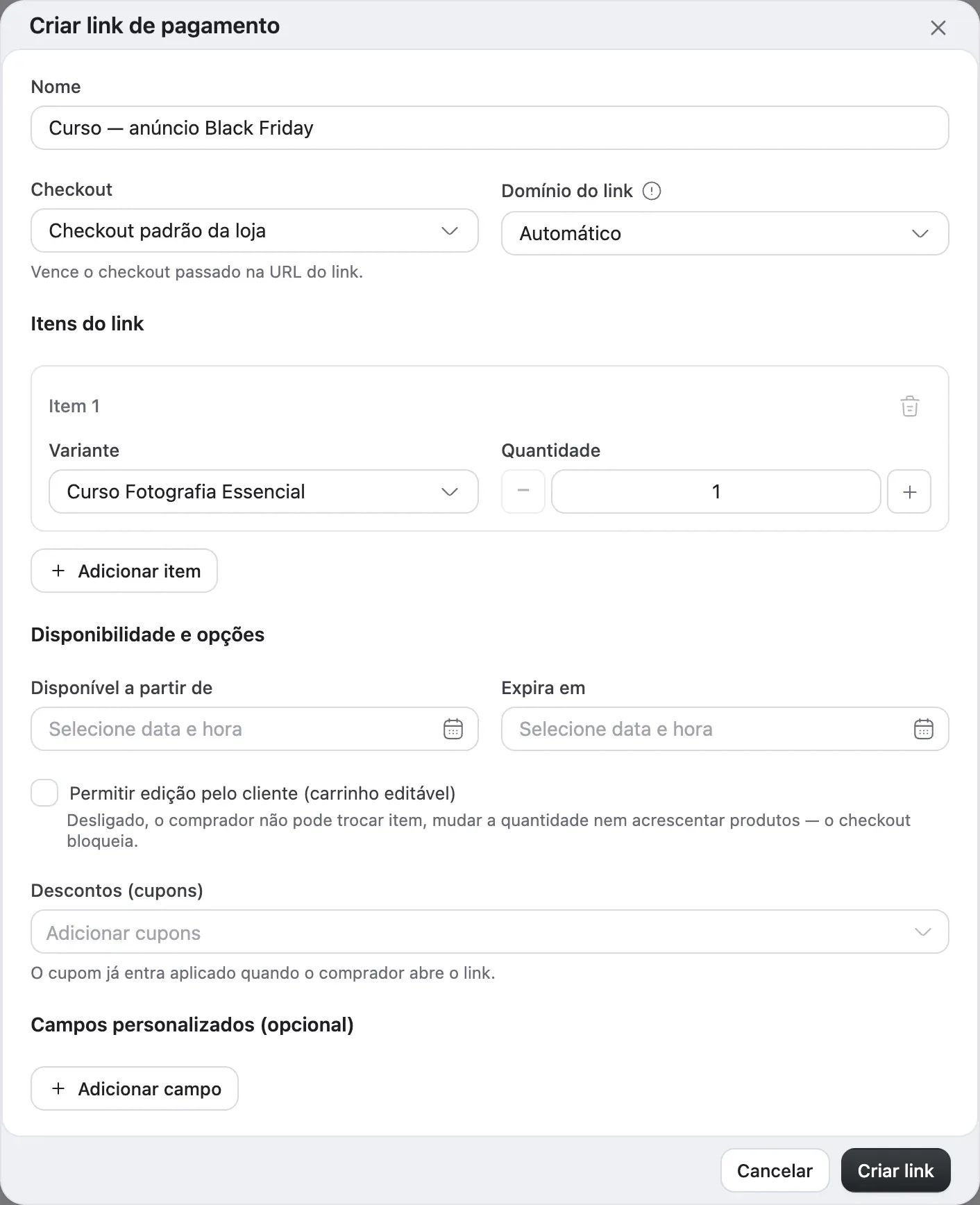 A janela Criar link de pagamento, com Nome, Checkout, Domínio do link, Itens do link e o botão Criar link