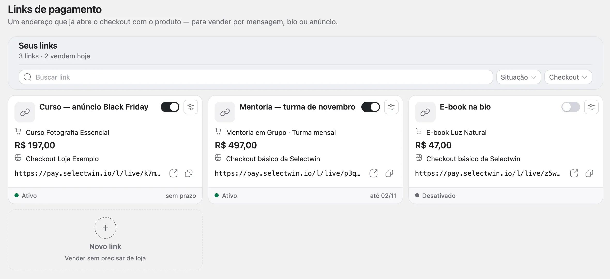 A página Links de pagamento, com os cards dos links, o endereço, a chave de ligar e o card Novo link