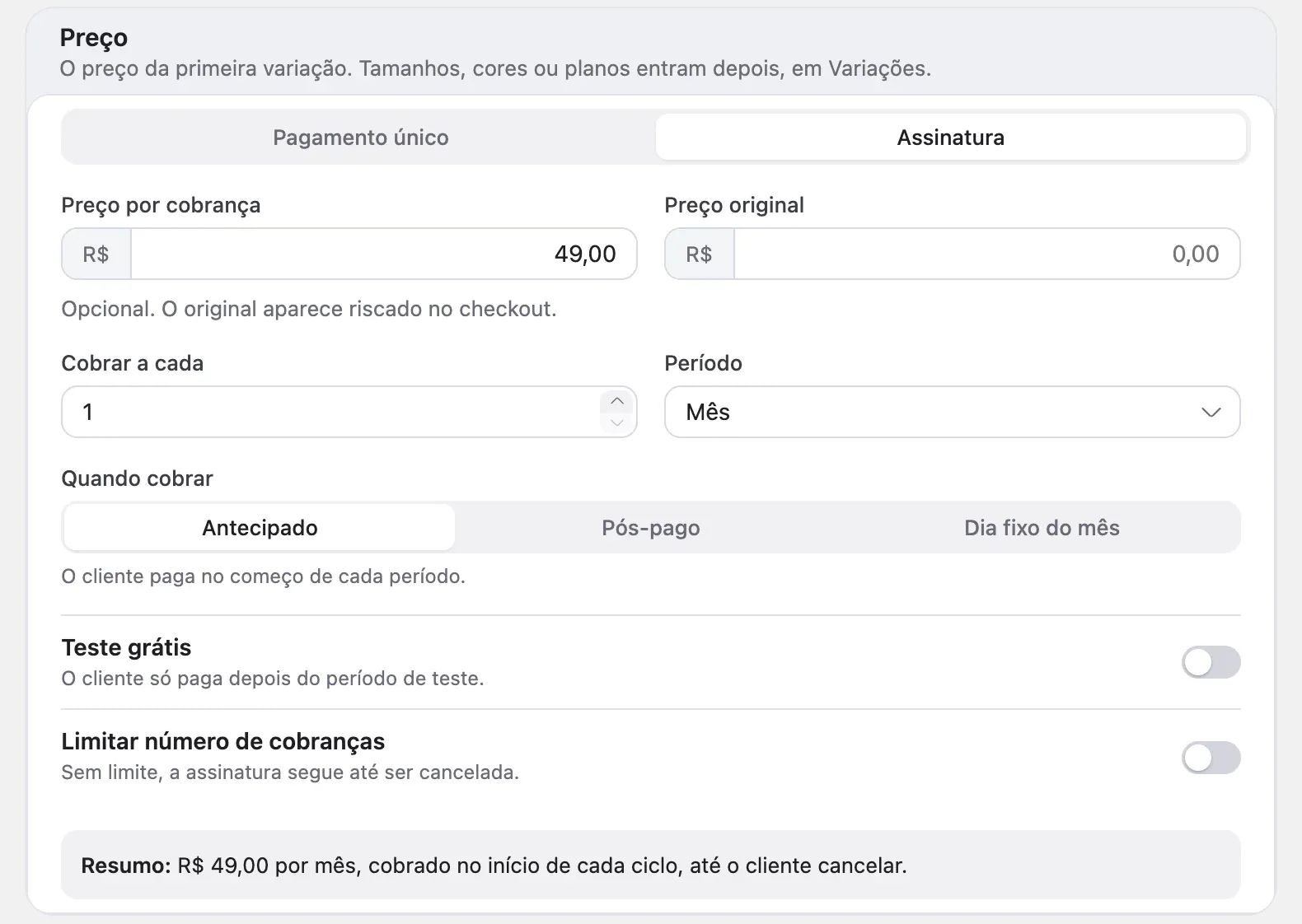 A seção Preço do produto com Assinatura escolhida: Preço por cobrança, Cobrar a cada, Período, Quando cobrar, Teste grátis, Limitar número de cobranças e o Resumo
