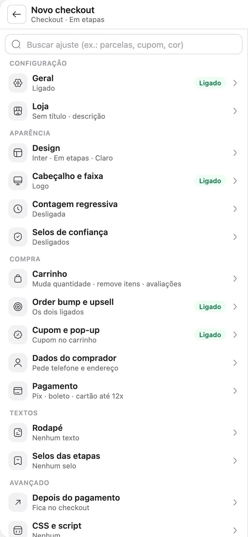 A lista de seções do editor de checkout, com a busca, Geral, Loja, Design, Dados do comprador, Pagamento e as outras