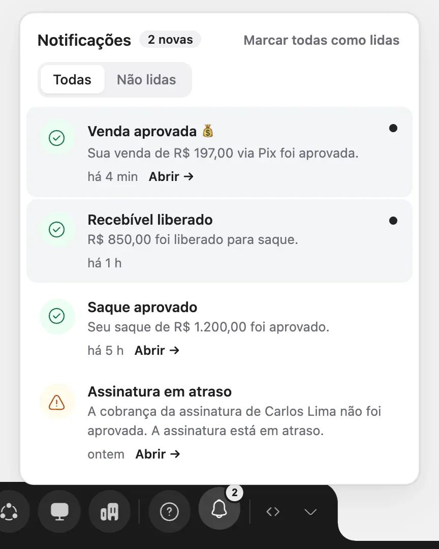O painel de notificações aberto pelo sino, com avisos lidos e não lidos