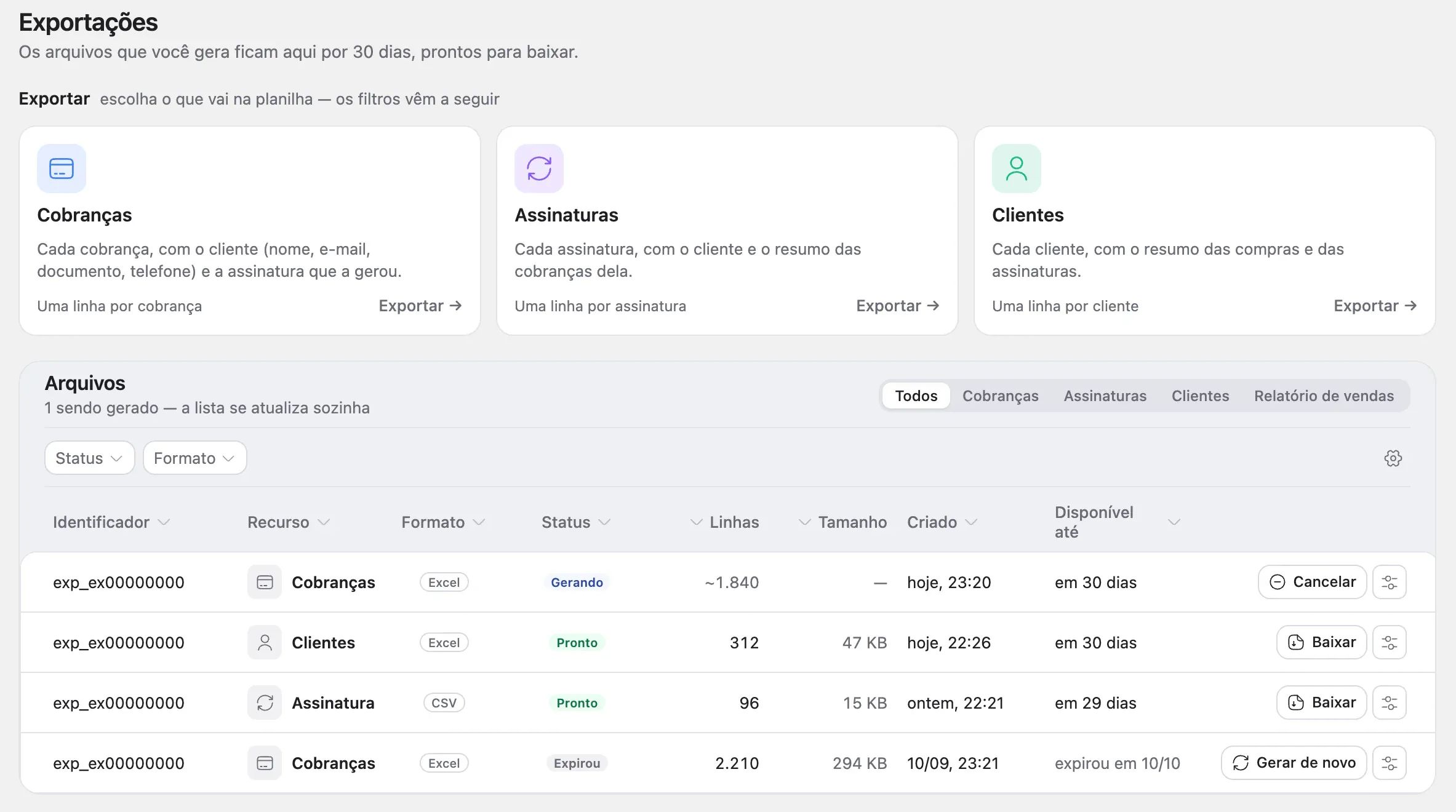 A página Exportações, com os cards Cobranças, Assinaturas e Clientes e a tabela Arquivos