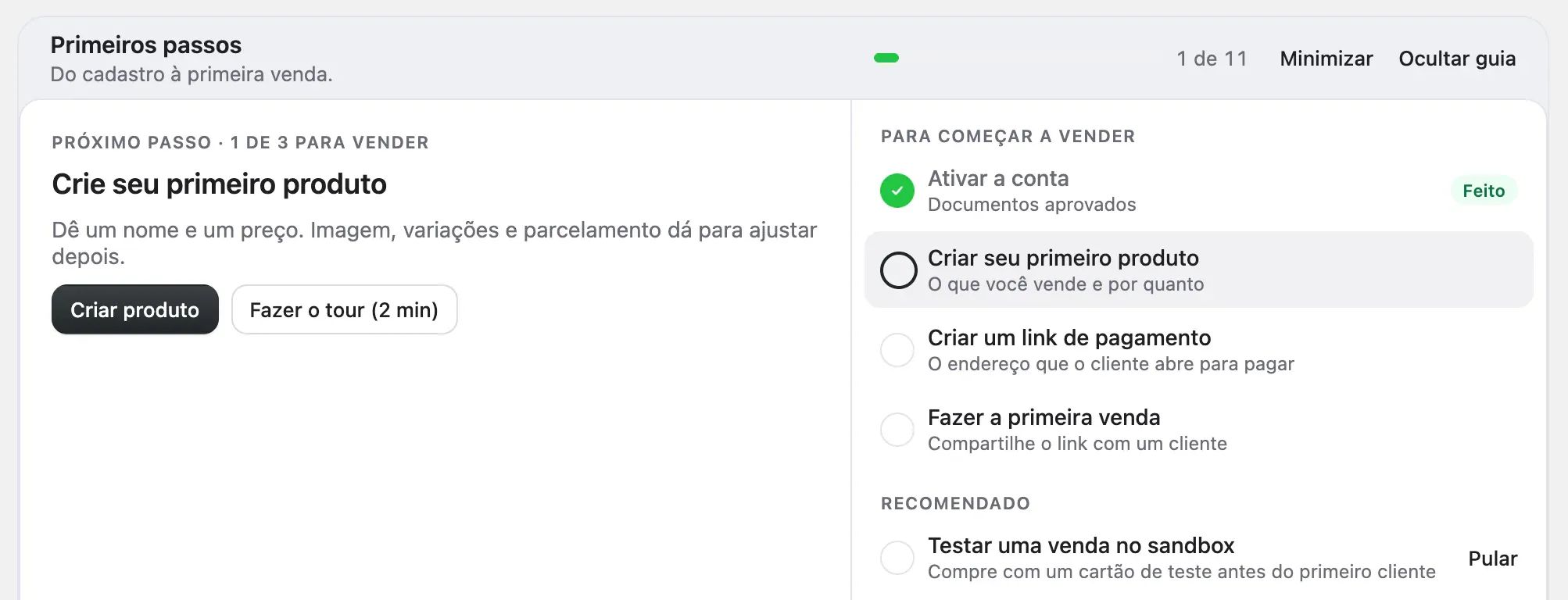 O card Primeiros passos no Início do painel, com o próximo passo em destaque e a lista Para começar a vender