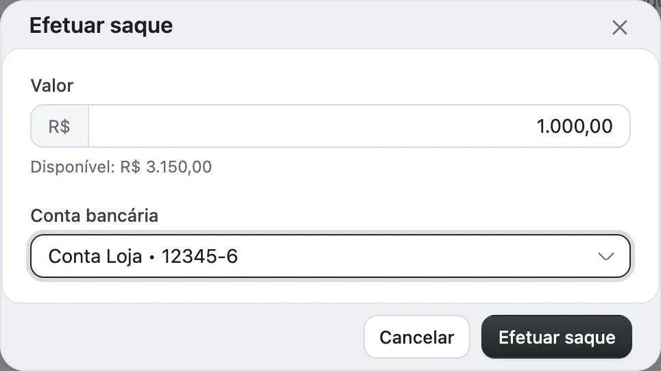 A janela Efetuar saque, com Valor, o disponível, Conta bancária e o botão Efetuar saque