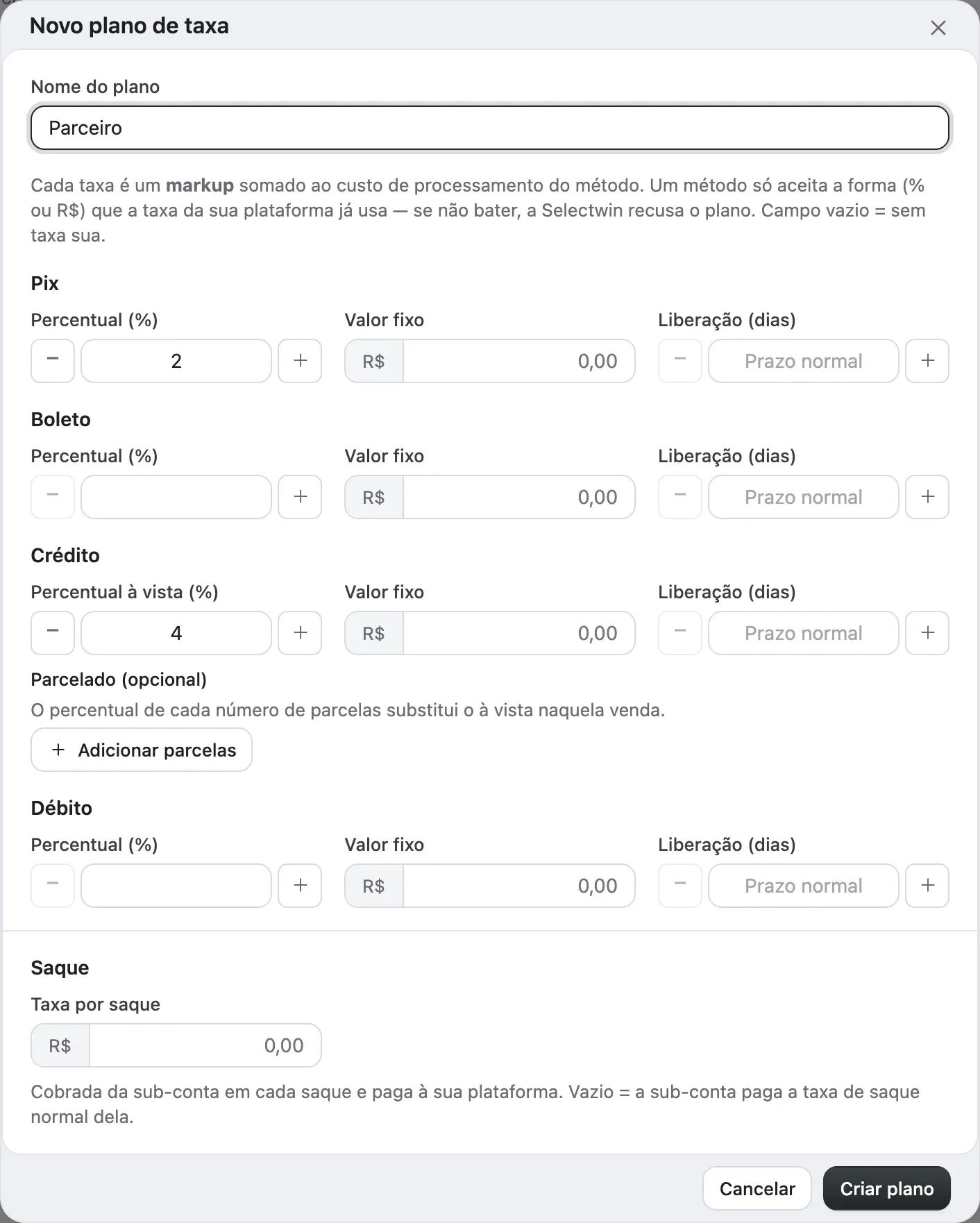 A janela Novo plano de taxa, com Nome do plano, a taxa de Pix, Boleto, Crédito e Débito e a Taxa por saque
