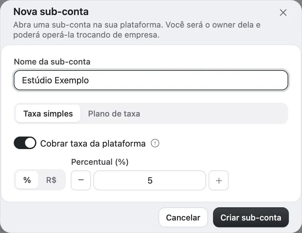 A janela Nova sub-conta, com Nome da sub-conta, Taxa simples ou Plano de taxa e o botão Criar sub-conta
