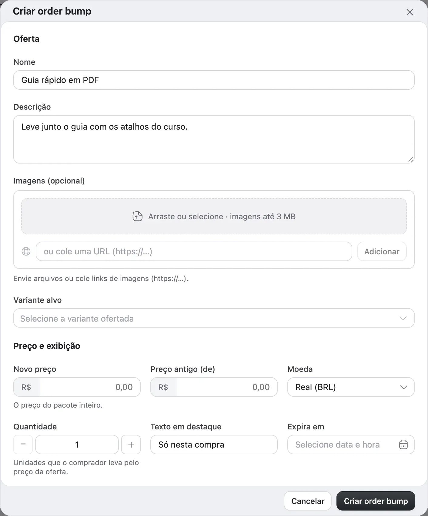 A janela Criar order bump, com as seções Oferta e Preço e exibição