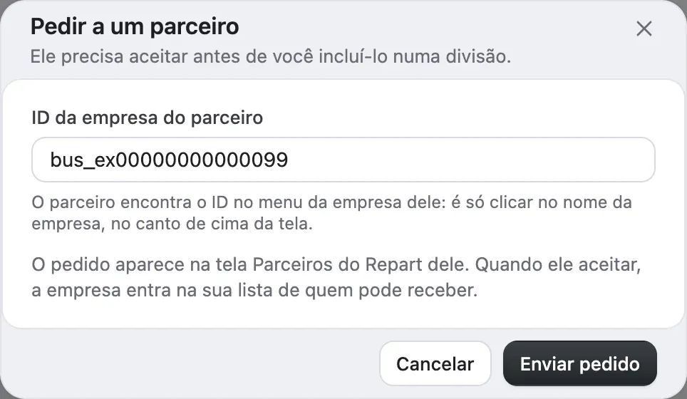 A janela Pedir a um parceiro, com o campo ID da empresa do parceiro e o botão Enviar pedido