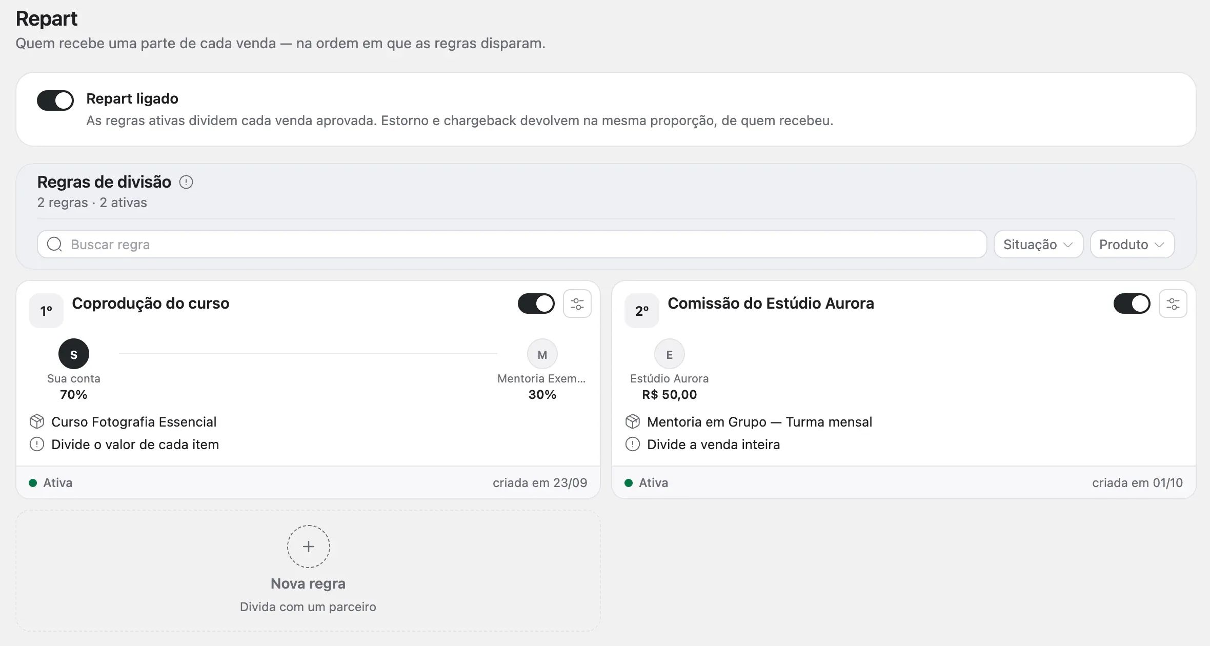 A página Regras do Repart, com a chave Repart ligado, os cards das regras e o card Nova regra