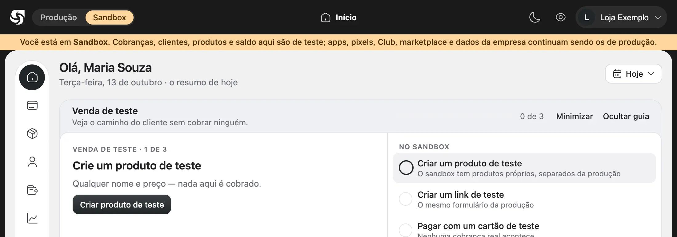 O topo do painel no Sandbox: o seletor Produção | Sandbox, a faixa de aviso e o guia Venda de teste