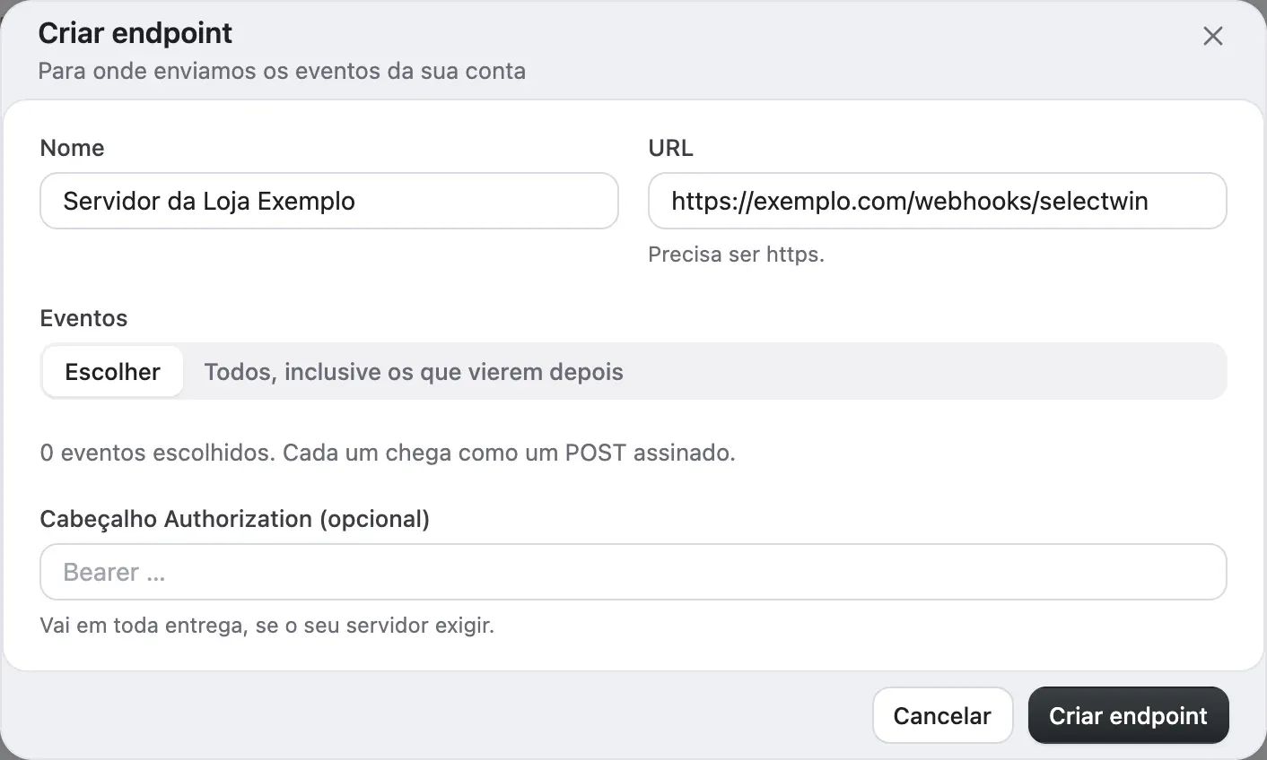 A janela Criar endpoint da Workbench, com Nome, URL, Eventos e Cabeçalho Authorization