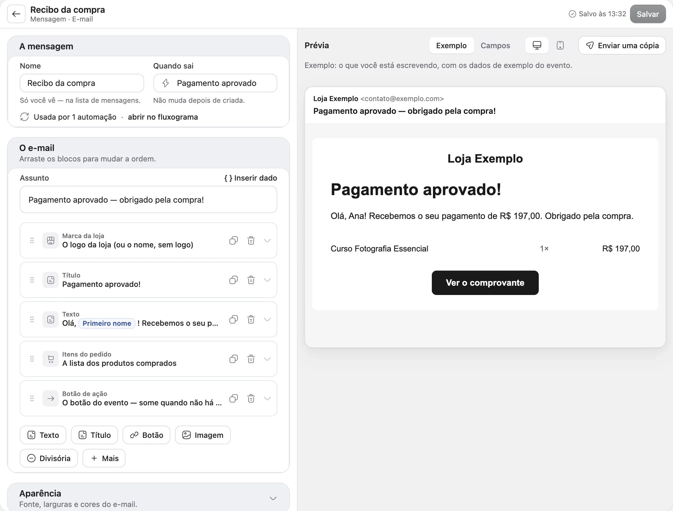 O editor de uma mensagem de e-mail, com Nome, Quando sai, Assunto, os blocos e a prévia ao lado