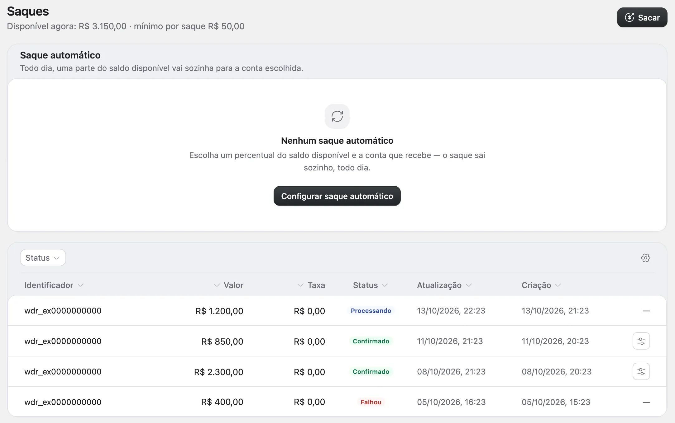 A página Saques, com o quadro Saque automático e a lista de saques com os status Processando, Confirmado e Falhou